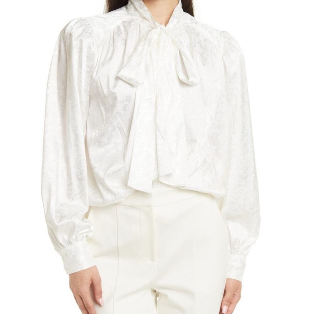 Ronny Kobo Collection White Satin Floral Jacquard Tie Neck Blouse L $368
